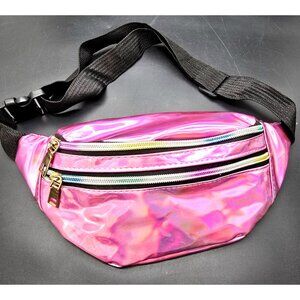 Holographic Pink Fanny Pack Rainbow Zipper 3 Pockets Adjustable Strap JJ4134